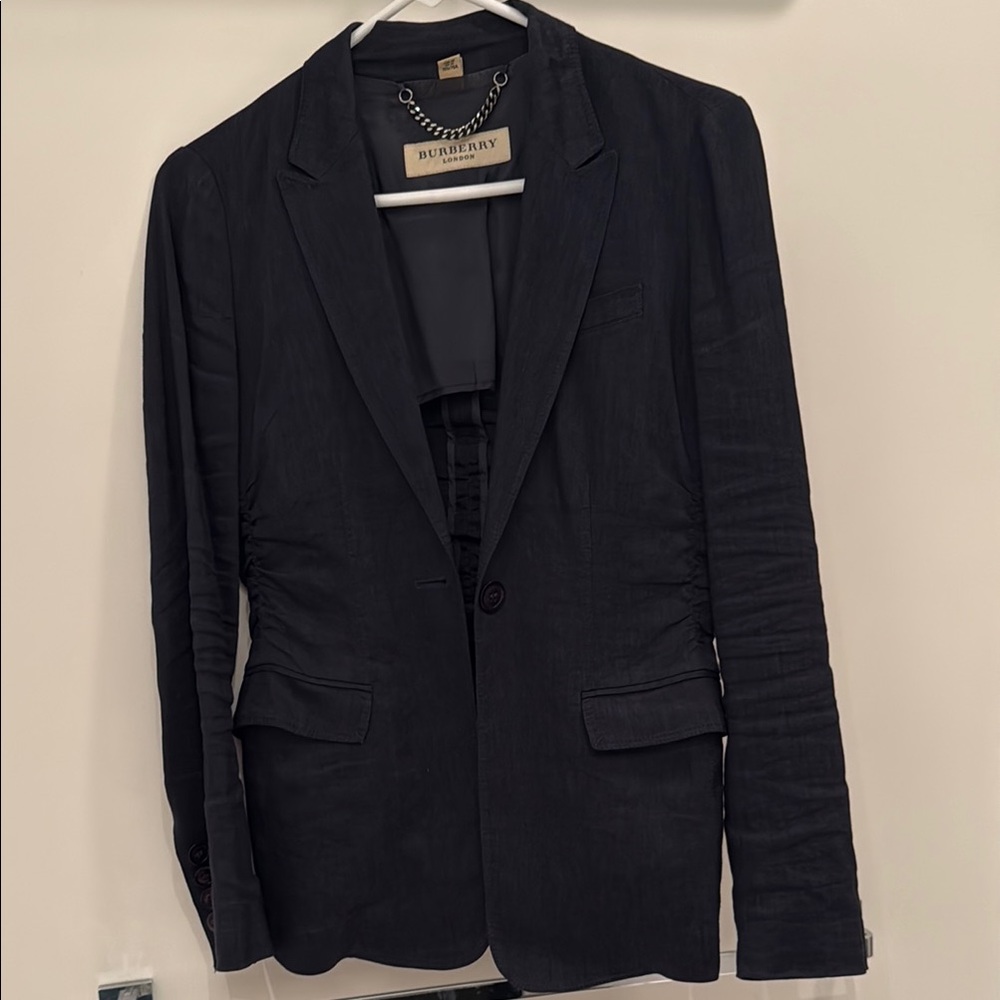 Burberry navy linen blazer with ruching